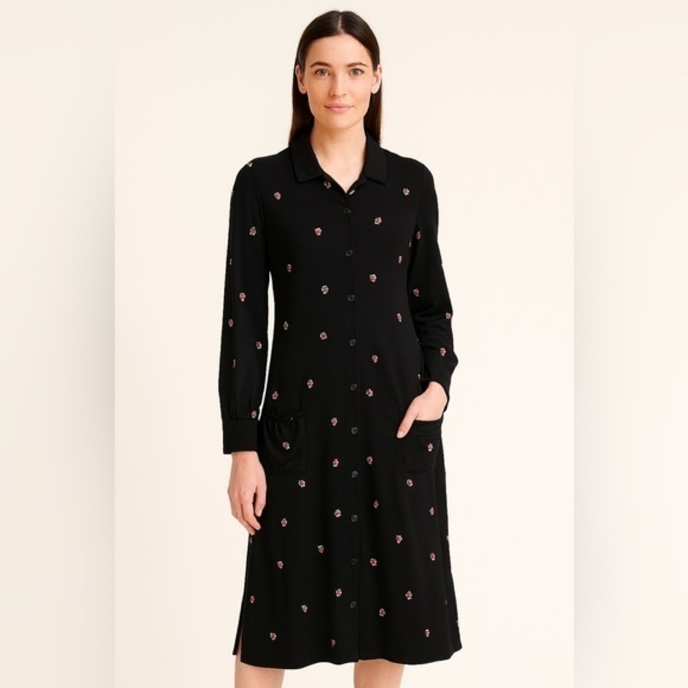 New Agnes b Black Floral Shirt Dress Collared Button Front,Pockets Size 2 Medium